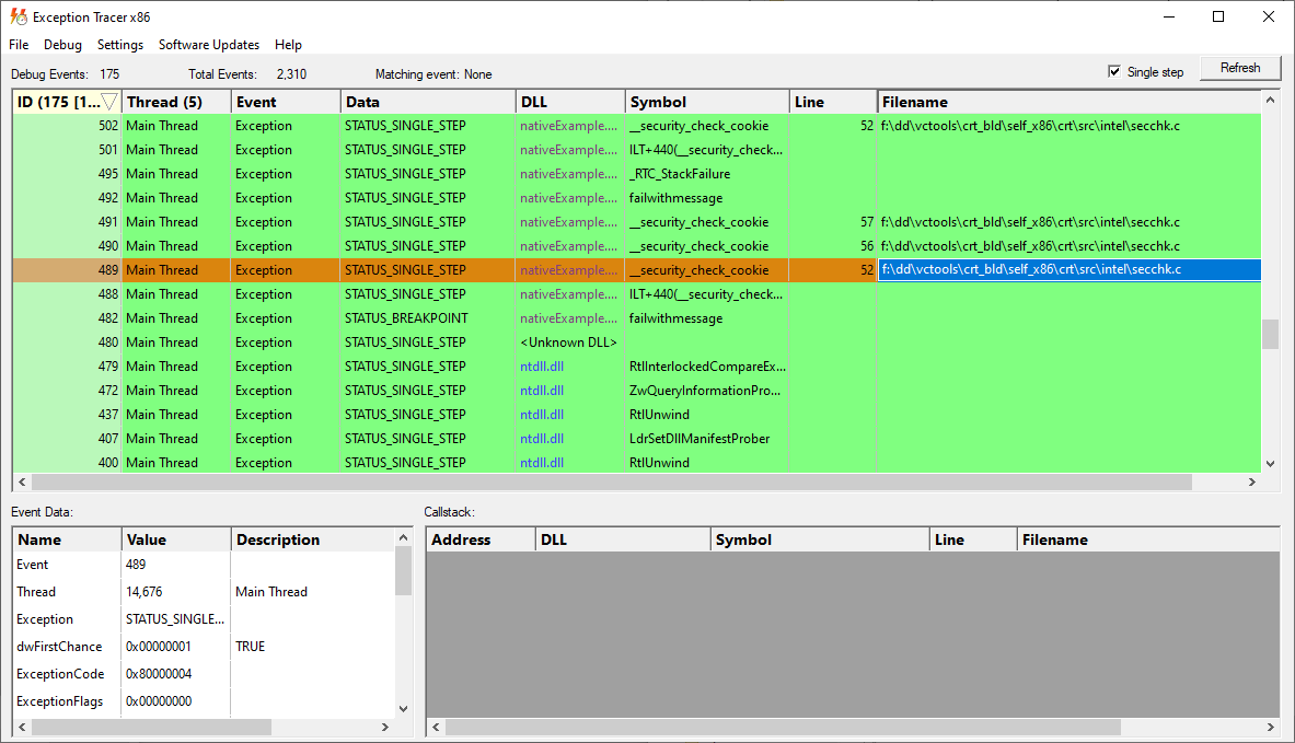 Exception Tracer showing a trace full of single step entries that are part of a buffer overrun crash